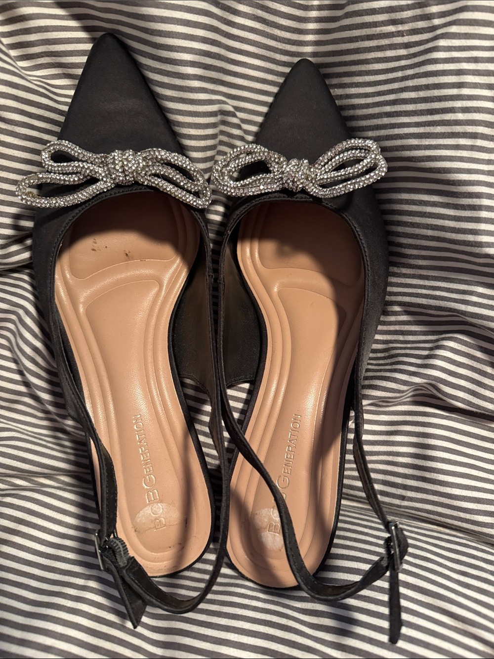 BCBGeneration Black Pointed Satiny Slingback Flats with Rhinestone Bow